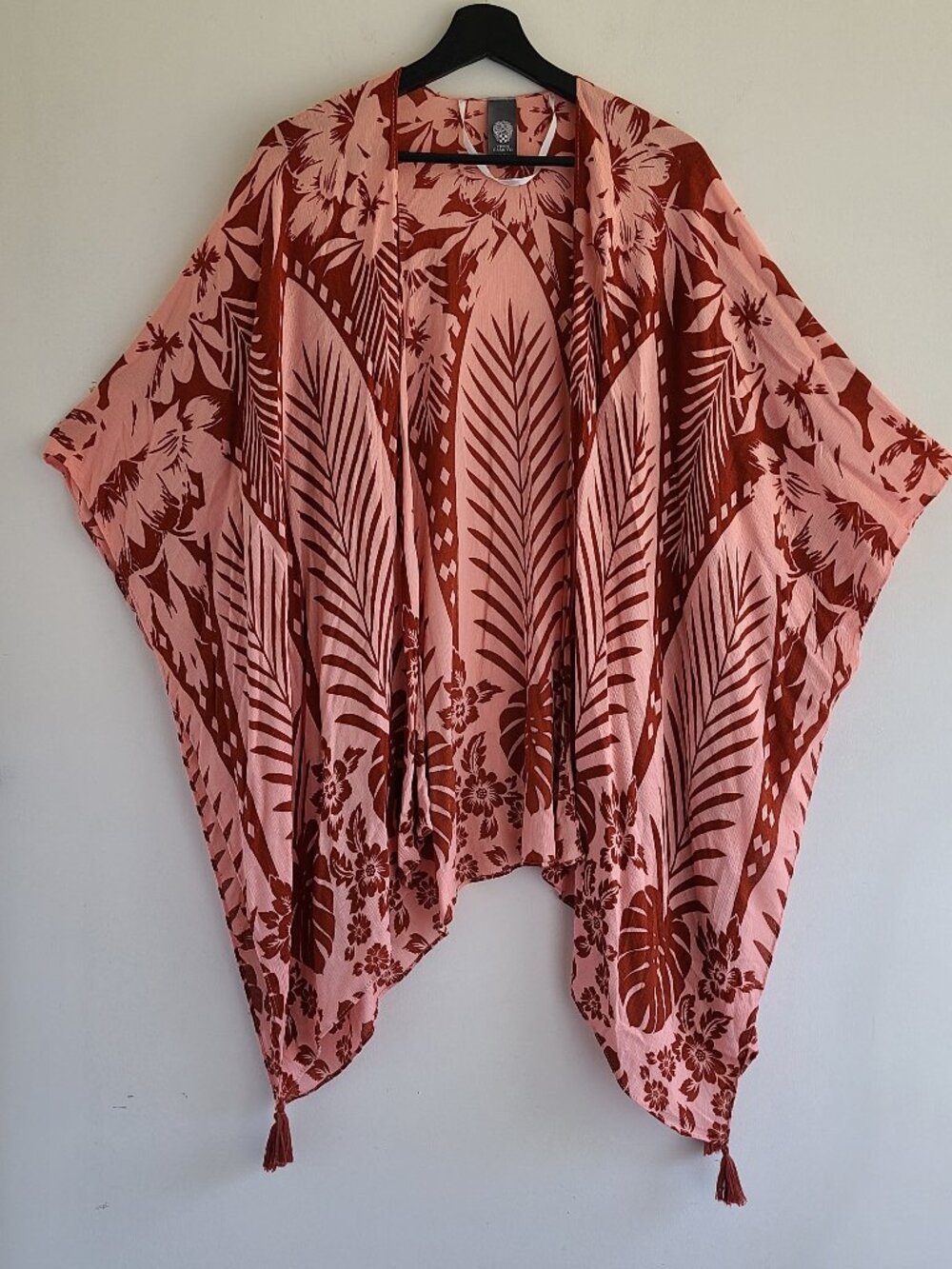 Vince Camuto Kimono Wrap Topper One Sz Orange Tropical Hawaiian Tassles Resort